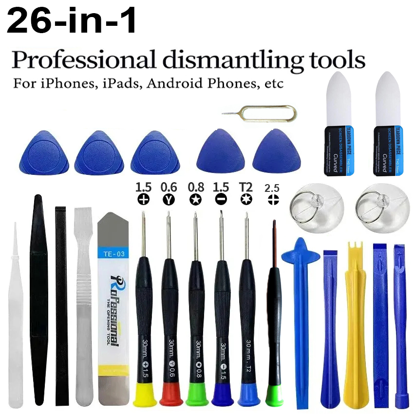 Electronics Repair Manual - ชุดเครื่องมือซ่อมโทรศัพท์ 26 in 1 ชุดไขควงมืออาชีพพร้อมแท่งงัดและถ้วยดูด สำหรับ